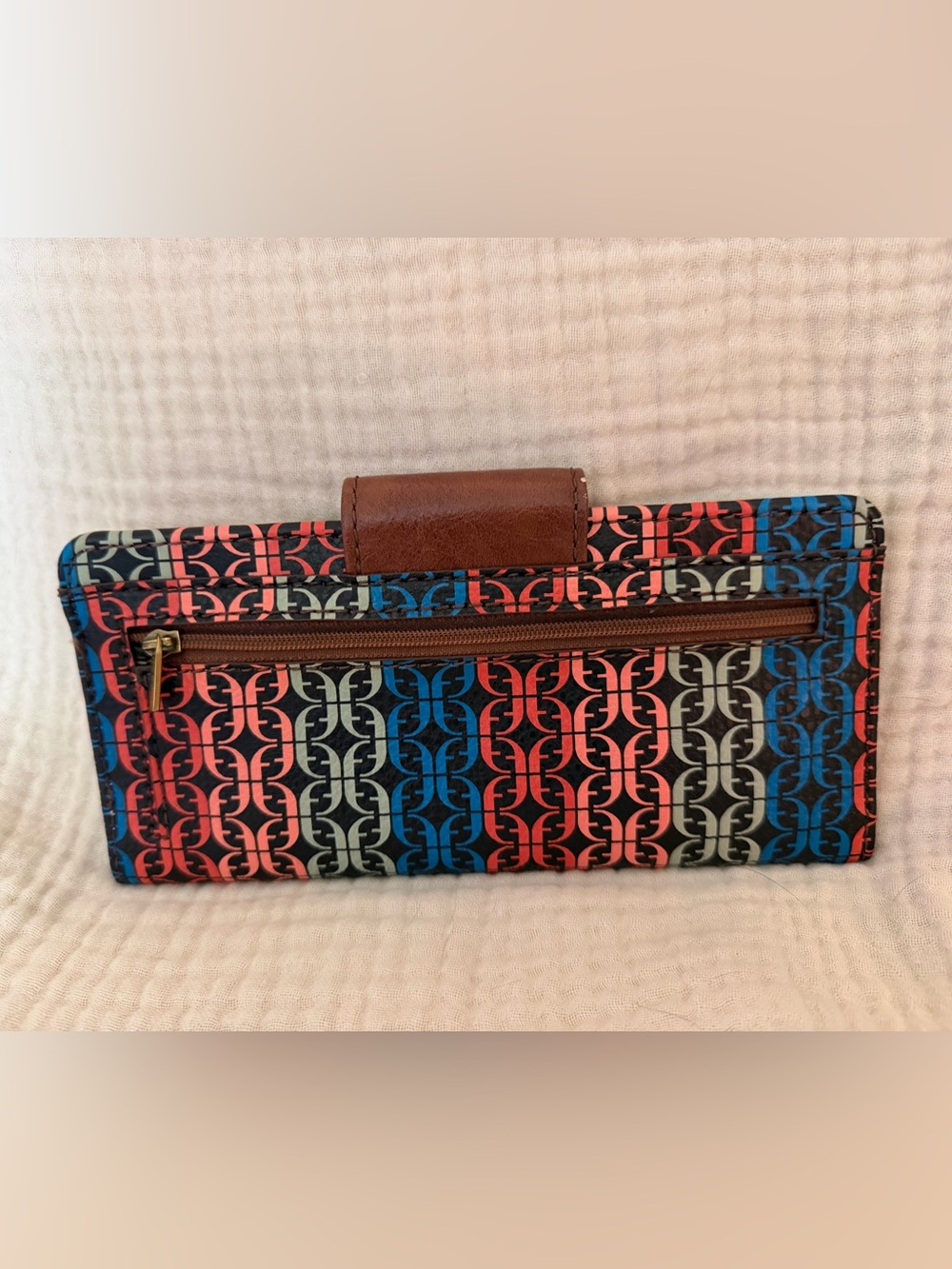 Fossil Saffiano Madison Geometric Wallet with Brown Leather Snap NWOT - Picture 2 of 7